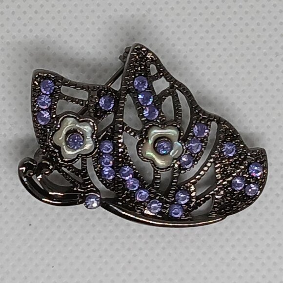 Vintage Gunmetal Black & Purple Faux Stone Butterfly Pin Brooch #2W - Picture 2 of 7